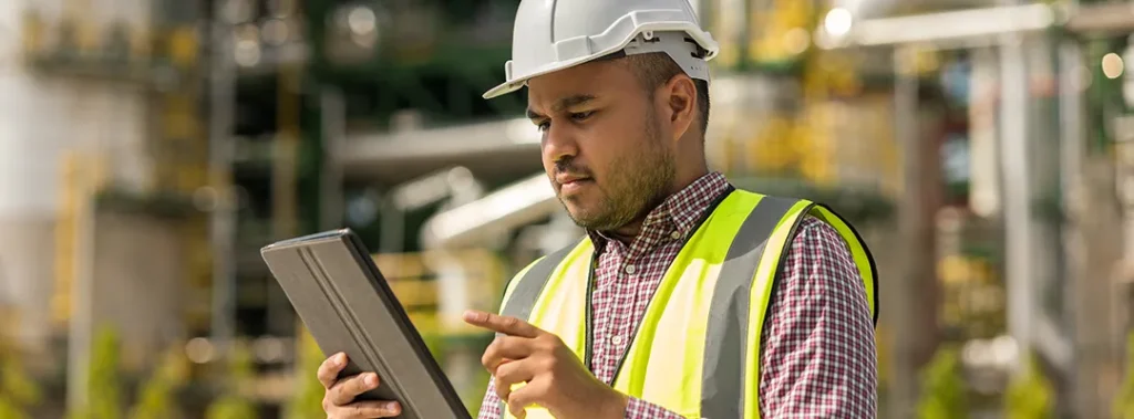 Worker interfacing with SCADA via tablet at an oil refinery