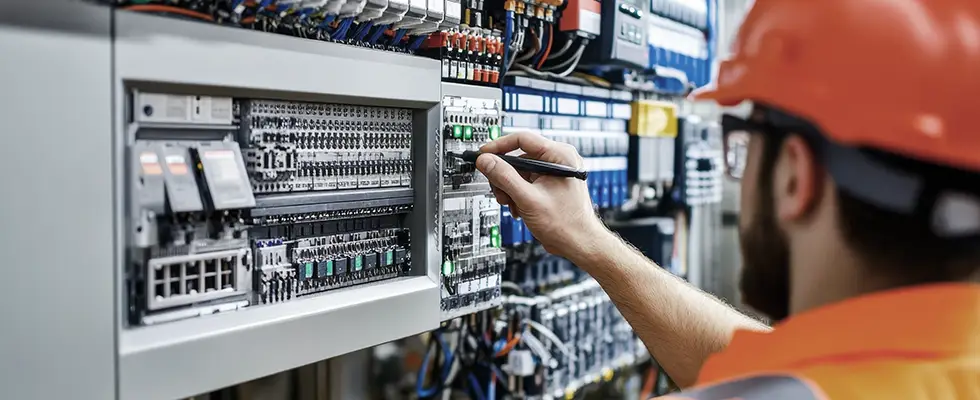 Electrical Engineer testing PLC connections in a SCADA system