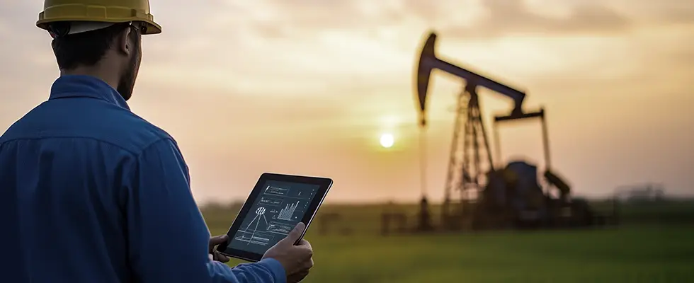 Field engineer using a SCADA interface on a tablet to review well data